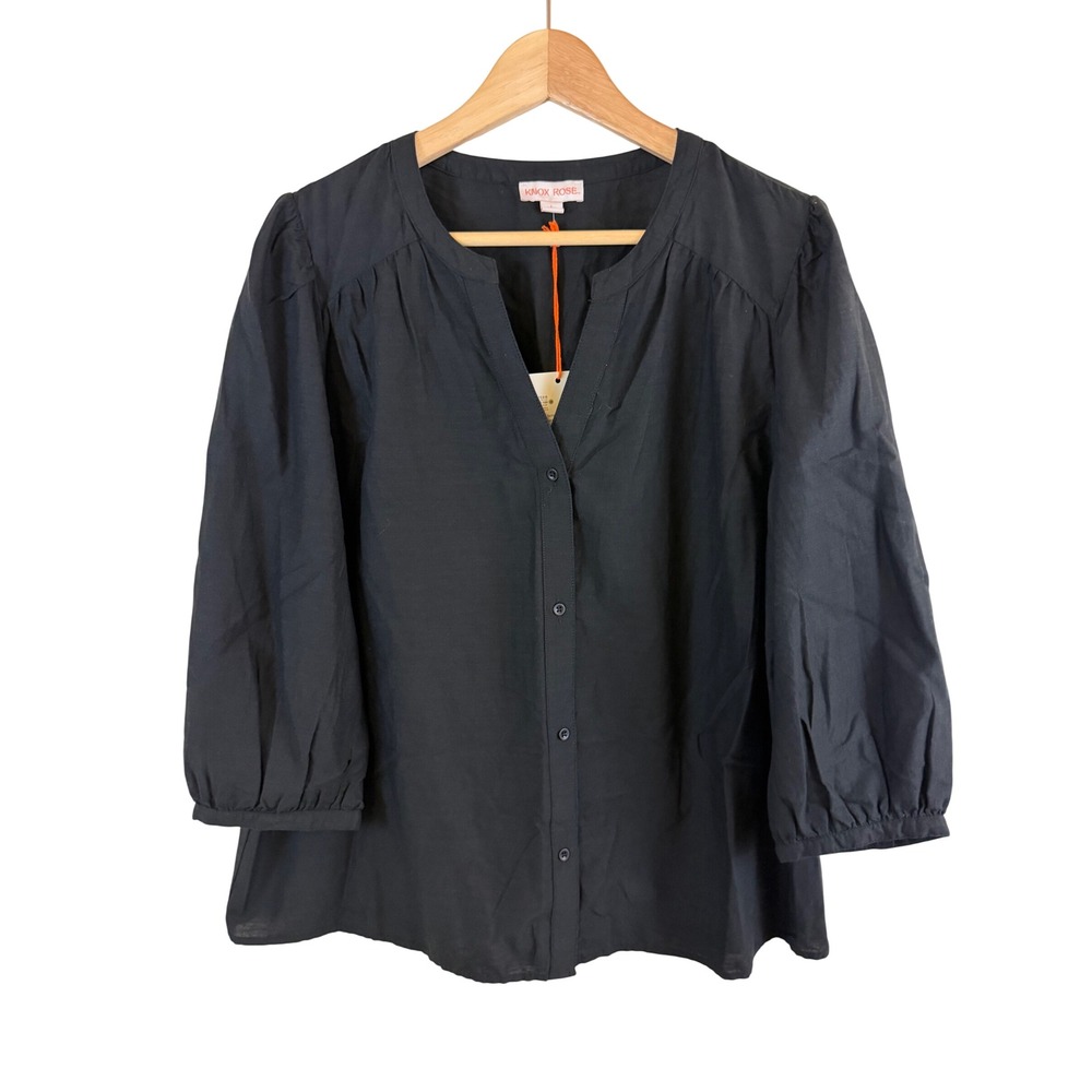 Knox Rose Button Down Blouse Women Large Black Puff Sleeve V-Neck Boho